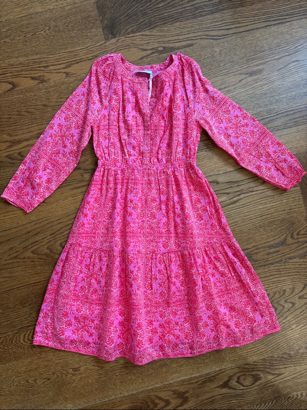 Vineyard Vines Hot Pink Floral Tiered Long Sleeve Dress